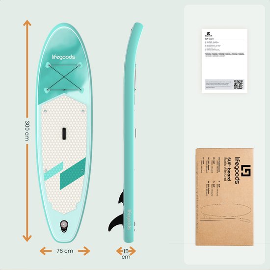 LifeGoods SUP Board All-round Compact - 100 KG Belastbarkeit - 300 x 76 cm - Aufblasbar - SUP-Komplettpaket - Mintgrün
