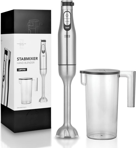 LEBENLANG - Premium Stabmixer 1200W - Edelstahl - Inkl. 1000ml Messbecher, Spritzschutz & Turbofunktion - Stufenlos einstellbar - BPA-frei