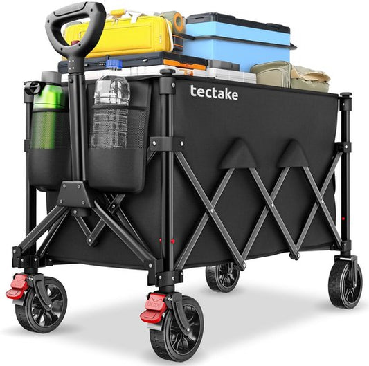 tectake® Handkarren – Zusammenklappbar – 80 kg Tragkraft – Schwenkbare Vollgummiräder mit Bremse – 45 x 88 x 95 cm - Handkarren – Transportwagen – Mit verstellbarer Schubstange – Handkarren – Wasserabweisender Transportwagen – Mit Ablagebrett und Innenfac