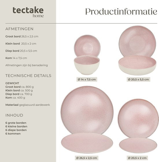 tectake® Geschirrset Mare – 24-teilig – Steingut mit glänzender Glasur - Für 6 Personen - Handgefertigtes Geschirr - Modernes Geschirrset mit großen und kleinen Tellern, Schüsseln und Schälchen - Spülmaschinen- und mikrowellengeeignet - Rosa