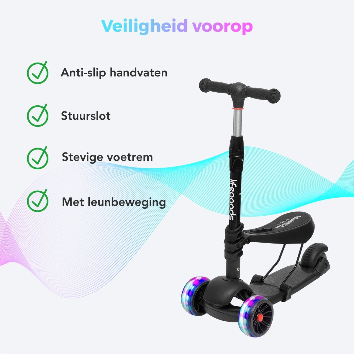 LifeGoods MultiRider Kids' Scooter - Stufe 3-8 Jahre - Verstellbarer Sitz - Leuchtende Räder - Jungen/Mädchen - Schwarz