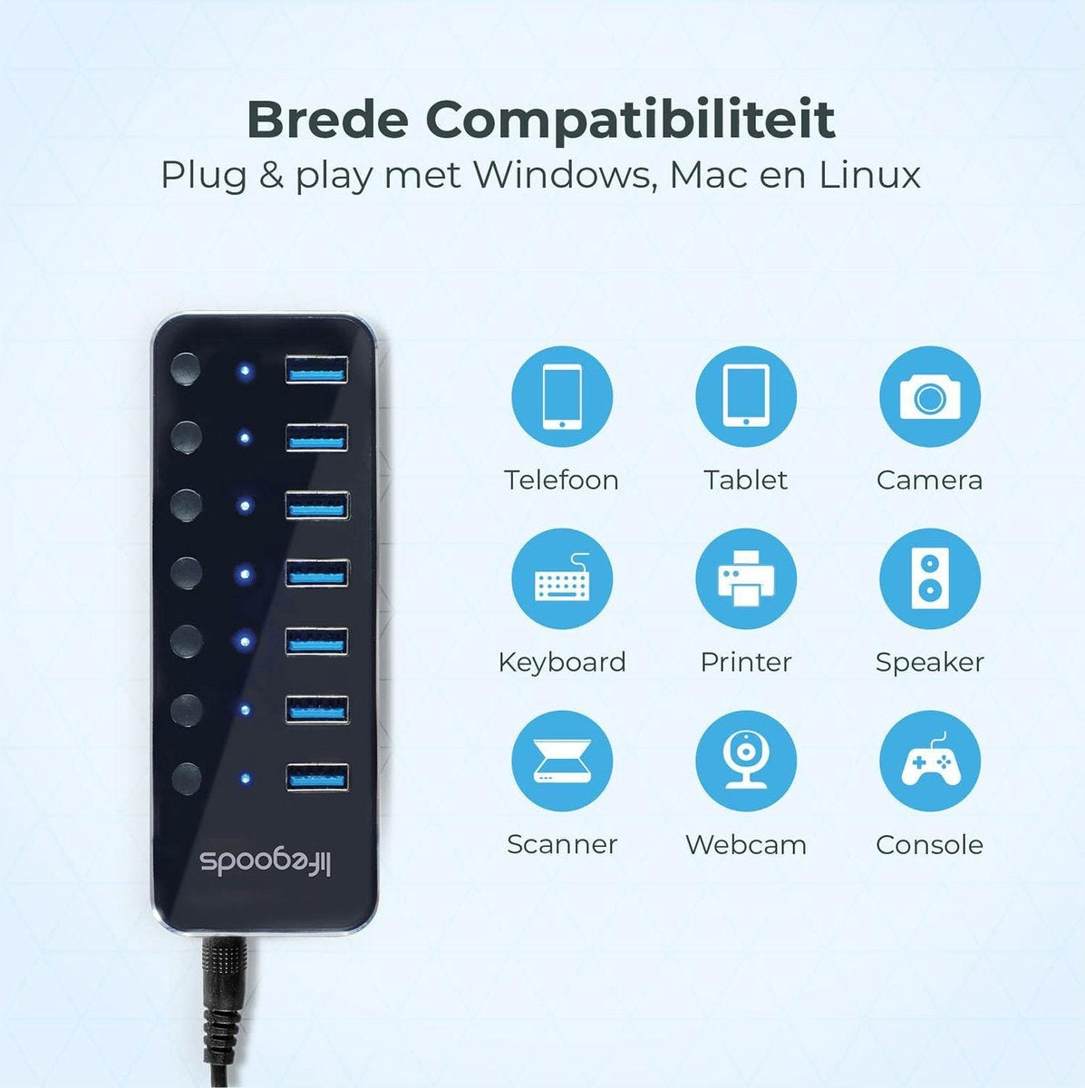 Auronic USB Hub 3.0 - USB Splitter mit 7 Ports - mit Netzteil - 5 GBPs - Led-Anzeige - Schwarz