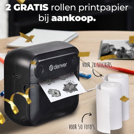 Denver Mini-Taschendrucker - Aufkleberdrucker - Bluetooth - Thermopapier - Schwarz