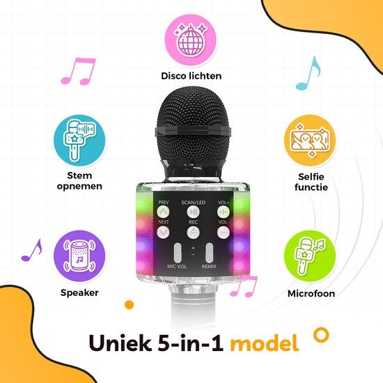 AyeKids 5-in-1 Karaoke-Mikrofon - Drahtlos & Bluetooth - Eingebauter Lautsprecher & Disco-Lichter - Inkl. AUX-Kabel - Mikrofon Kinder - Karaoke-Set - Schwarz
