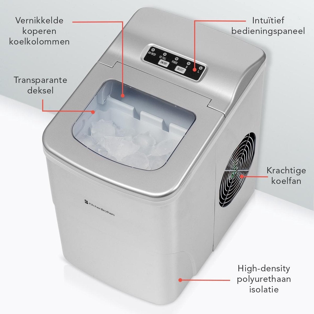 KitchenBrothers - Eiswürfelmaschine - 2 Liter - 6-8 Min. - 12kg/24h - mit Eisportionierer - Silber