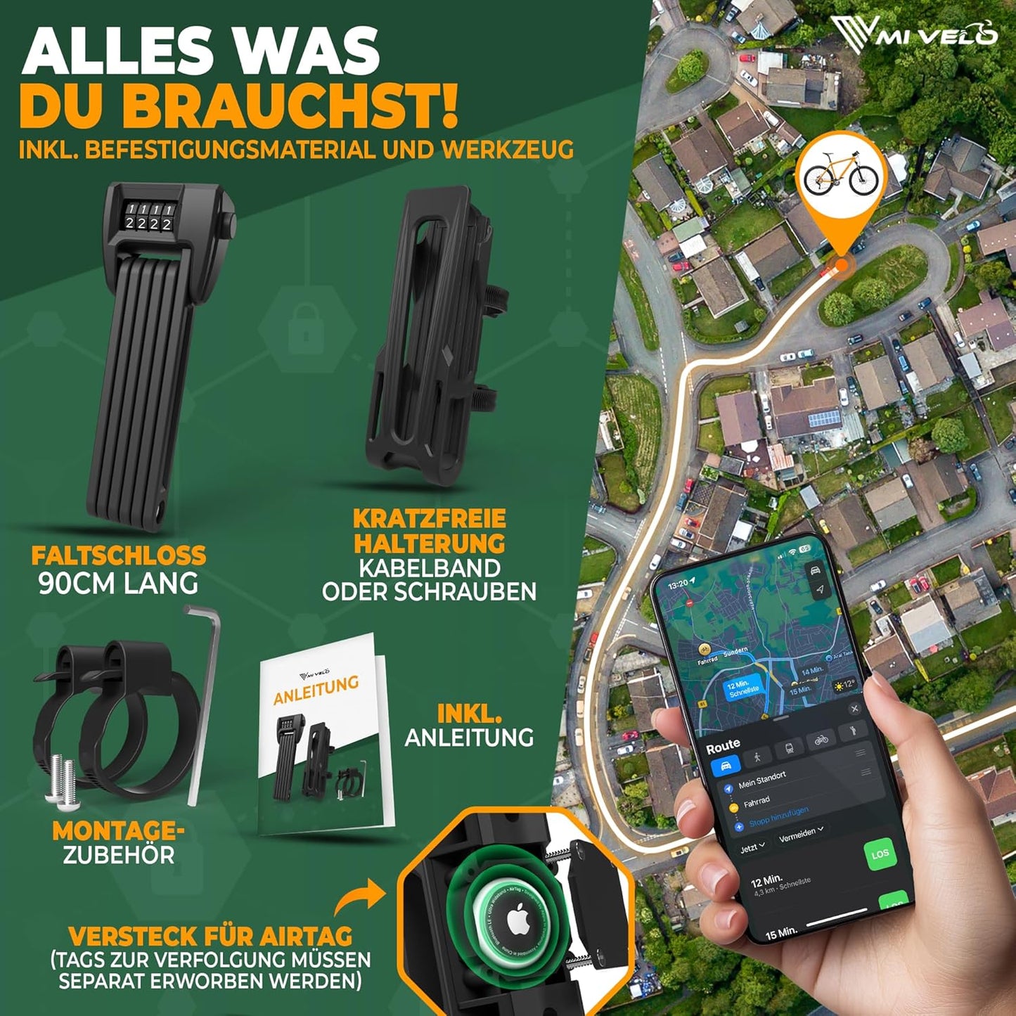 MIVELO Fahrradschloss - faltbar - mit Geheimfach für AirTags - 90 cm lang - robuster Stahl - 19,5 x 7 x 4 cm