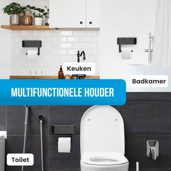 Avalo Toilettenpapierhalter mit Ablage - Schwarz - Selbstklebend / Bohren / Kein Bohren - Toilettenpapierhalter - Toilettenpapierhalter