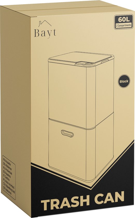 Bayt Mülleimer 60 Liter - Mülleimer 60 Liter - Mülltrennung - 2 Fächer - Edelstahl - Schwarz