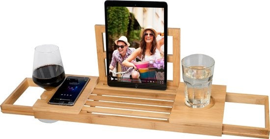 Badewannenbrett für die Badewanne - Badewannenständer - Ausziehbar 50-92cm - Tablet-Halter - Bambus