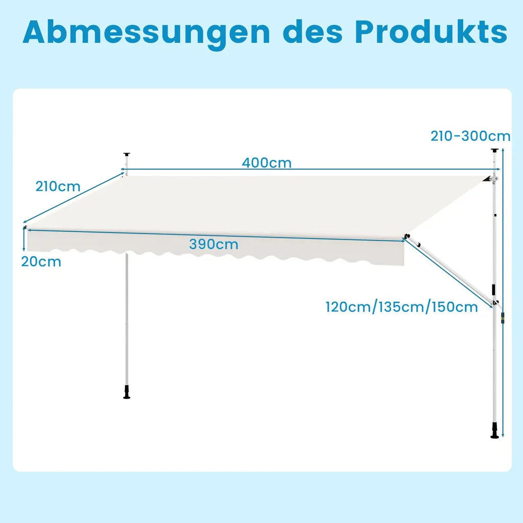 Coast Klemmarkise 400 × 120 cm – Weiß – Bohrfreier Balkonsonnenschutz mit Handkurbel und höhenverstellbar
