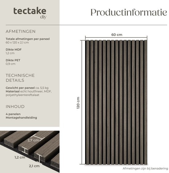 tectake® Akustikpaneele - 4er-Set - Akustik-Wandpaneele - 60 x 120 cm - 2,88 m² - Wandpaneele mit verstellbarer Größe - Lattenwand aus MDF und Holzfurnier - Schalldämmung - stilvolle Wanddekoration - einfache Montage - Eiche grau