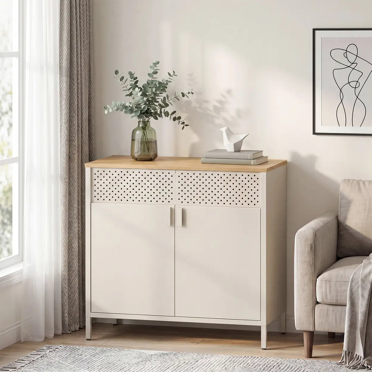 Joyfurnos Ochama Aufbewahrungsschrank mit Tür – verstellbares Regal – 80 x 40 x 76 cm – Beige