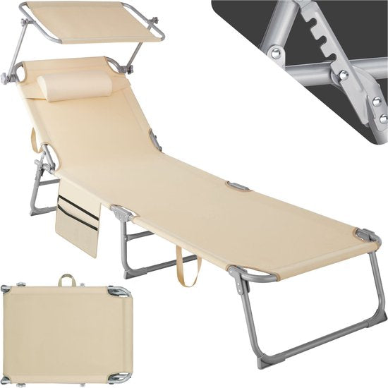 tectake - Sonnenliege Sonnenliege - 4 Positionen, klappbar - beige - 68 x 190 x 28 cm, mit Seitentasche