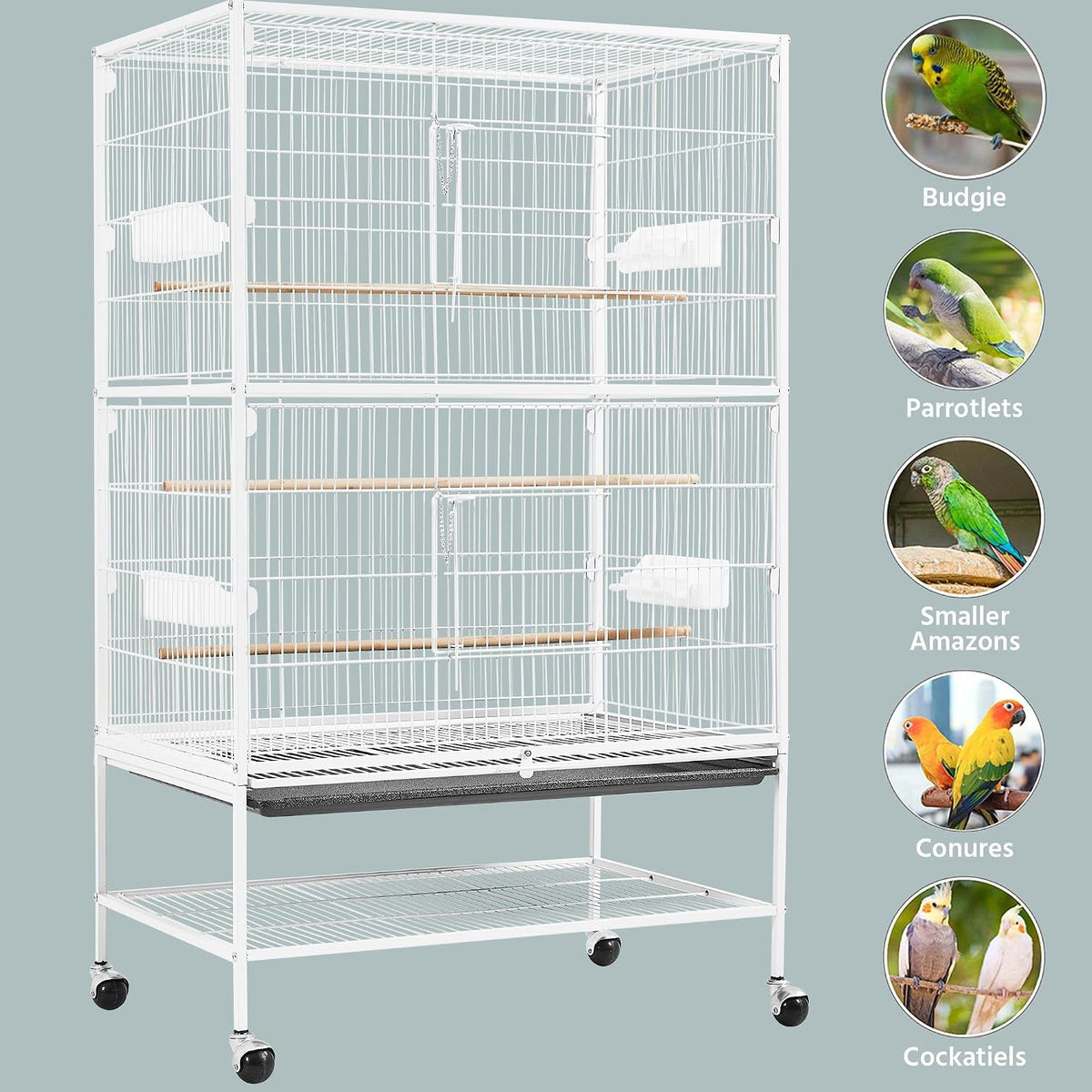 Yaheetech Vogelkäfig mit Ständer – 79 × 51,8 × 132 cm – Weiß – Sittichkäfig mit Rollen, 3 Sitzstangen aus Holz und 4 Futternäpfen