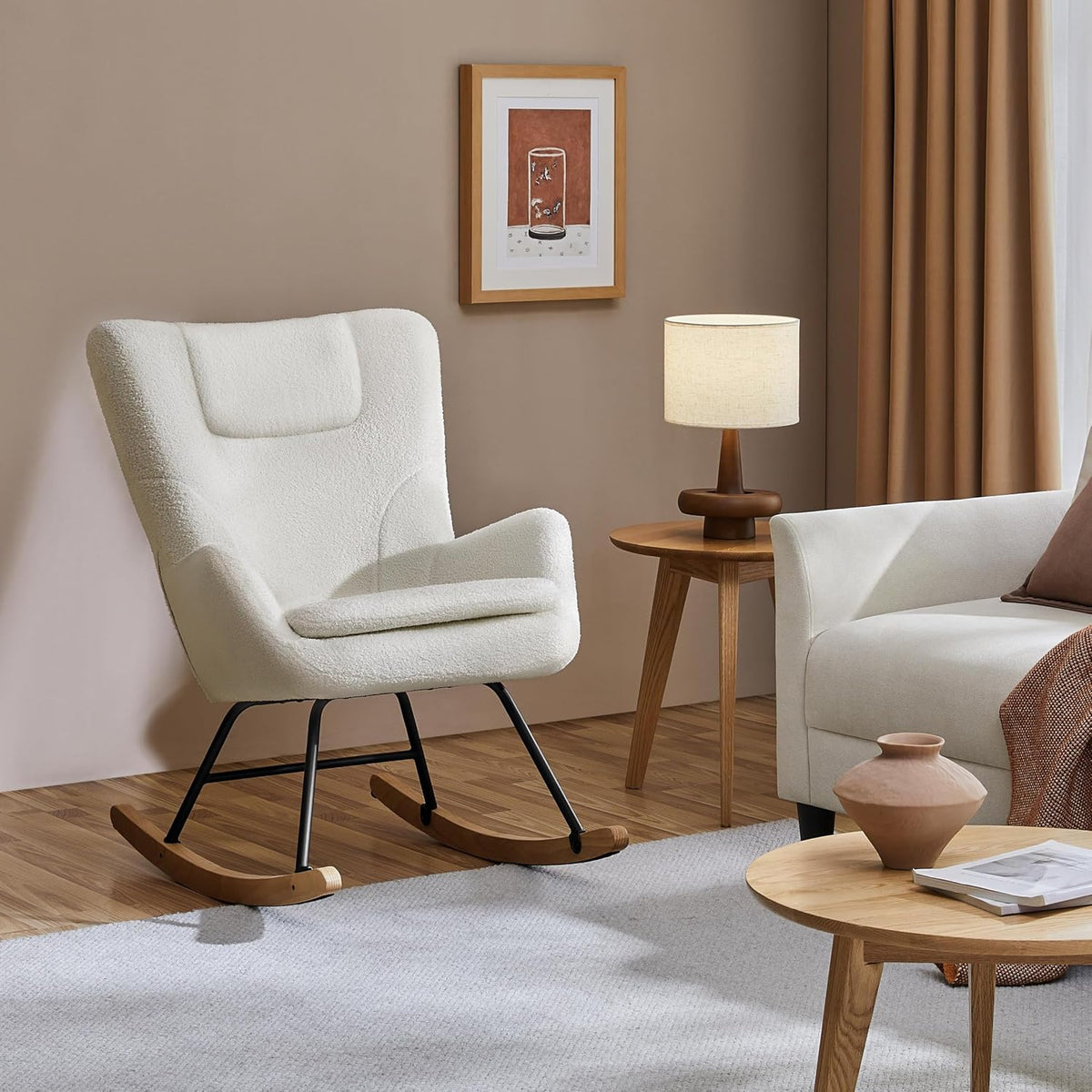 Yaheetech Schaukelstuhl Boucle Weiß mit klappbarer Rückenlehne – 82,5 x 70 x 95,5 cm
