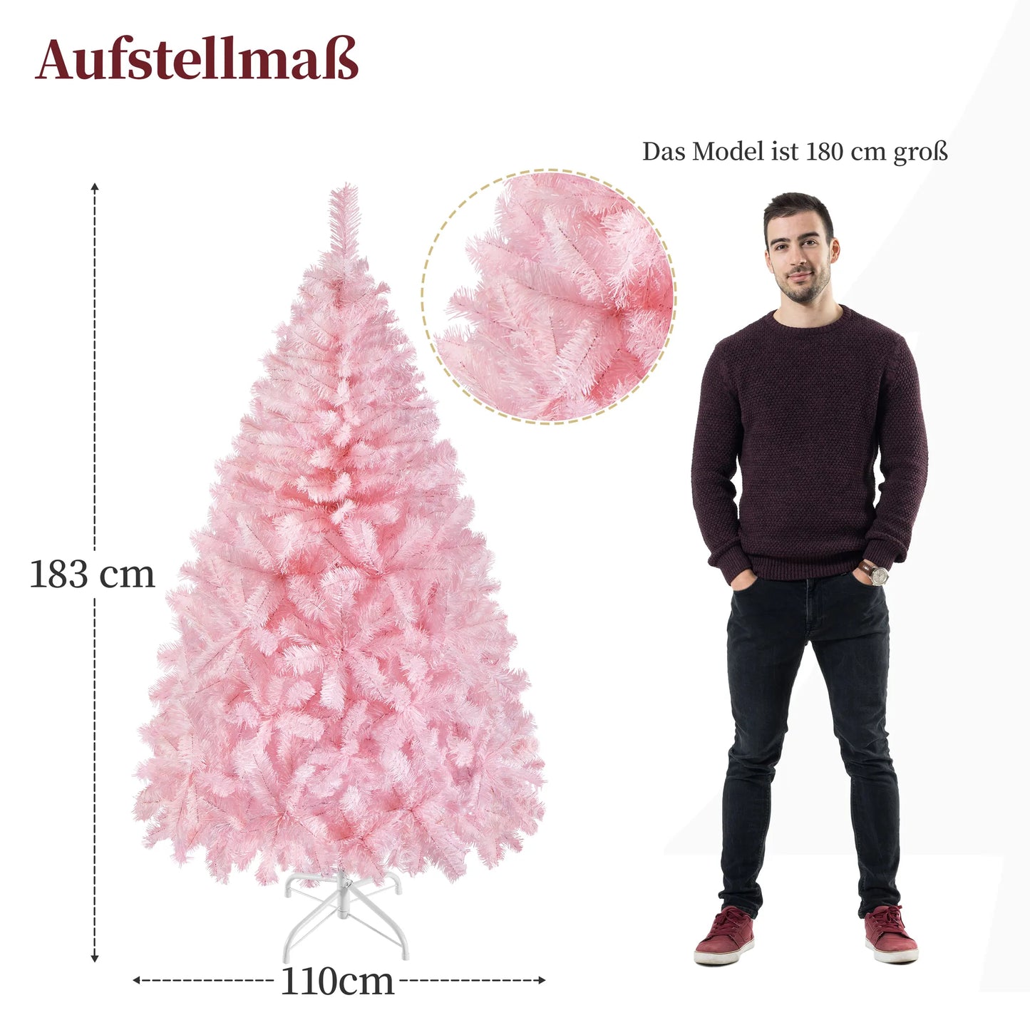 Yaheetech Künstlicher Weihnachtsbaum Rosa - 110 x 110 x 183 cm - Mit 598 Zweigen und zusammenklappbarem Metallsockel und schützenden Gummikappen - Für Wohnzimmer und Feiertage - Rosa PVC und Metall