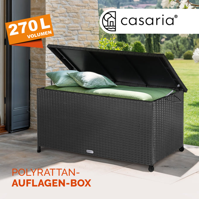 Casaria Polyrotan-Kissenbox - Ausgestattet mit zwei Gasfedern und wasserdichter Innenauskleidung und zwei Rädern - Für Sitzkissen und Gartenzubehör - Schwarz pulverbeschichteter Stahl - Einhundertsiebzehn lang und dreiundfünfzig breit und sechzig hoch cm