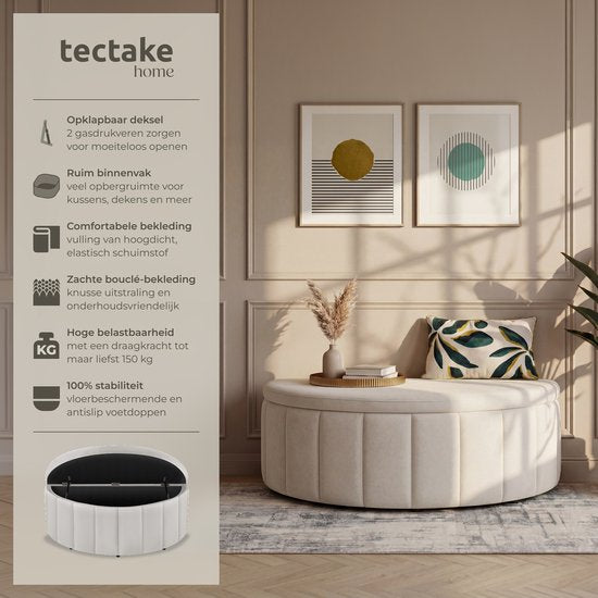 tectake® Polsterbank „Moon“ – Hocker mit Stauraum – Großes Staufach – Halbmondform – Sitzbank – 108 x 48 x 38,5 cm – Belastbarkeit 150 kg – Samt, Taupe