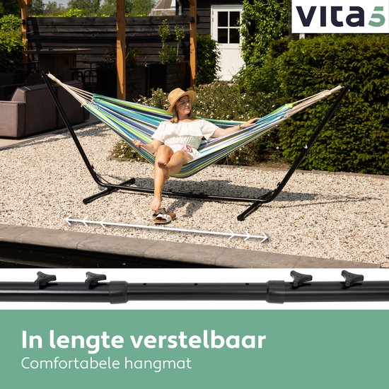 Vita5 - Hängematte - mit Ständer - 2 Personen - bis zu 205 kg - inkl. Tragetasche - Blau/Grün