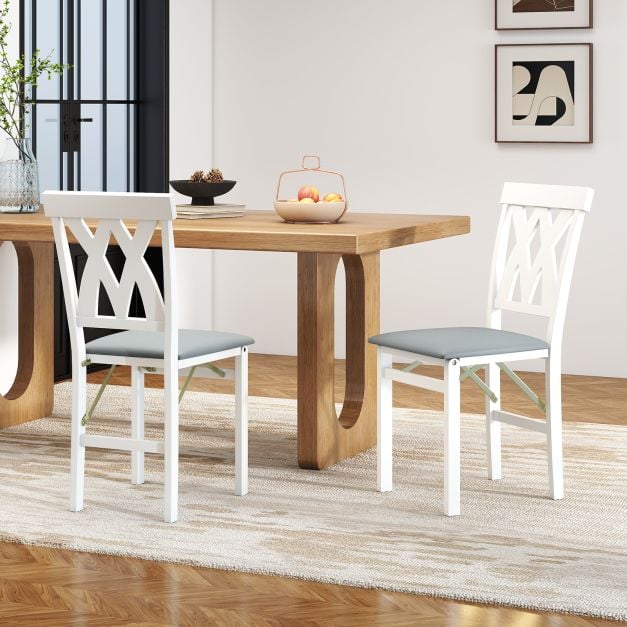 Coast 2er-Set klappbare Esszimmerstühle, Stühle ohne Armlehnen mit Lattenlehne und gepolstertem Kissen – Kautschukholz – 41 x 53 x 91 cm – Weiß