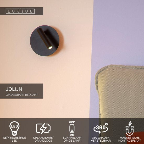 Lucide JOLIJN – Wiederaufladbare Nachttischlampe / Wandleuchte – Akku/Batterie – Ø 10,2 cm – LED – 1x2 W, 3000 K – magnetisch – schwarz