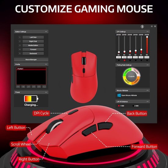 ATTACK SHARK R1 Superlight Gaming Mouse 59g - Rot - 12,2 × 6,4 × 3,8 cm - Kabellos & kabelgebunden - Bis zu 18.000 DPI - 65 Stunden Batterielaufzeit