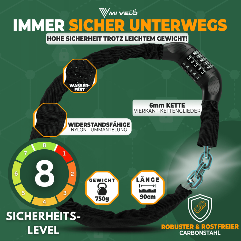 MIVELO Fahrradkette - Mit Zahlenschloss - Safe & Universal - 90 cm - Stahl - Schwarz