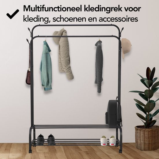 Brixy Kleiderständer - Kleiderständer doppelt - Garderobenständer auf Rädern - Kleiderständer mit Schuhregal - 98 x 34 x 159 cm - Schwarz