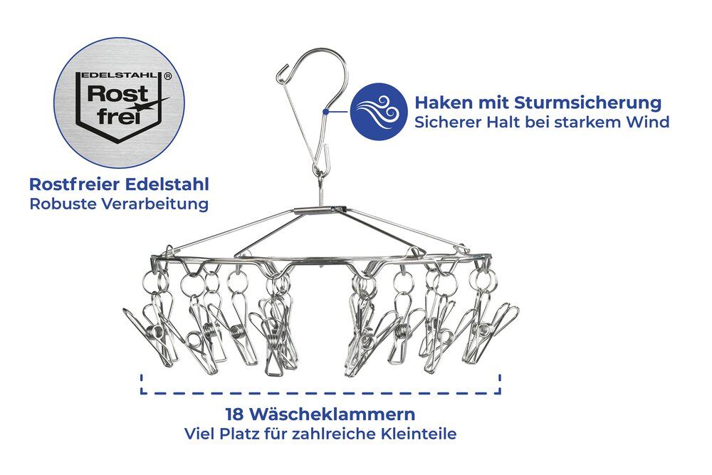 Wenko Wäschetrockner aus Edelstahl mit Wäscheklammern – 27 x 27 x 26 cm – Silber