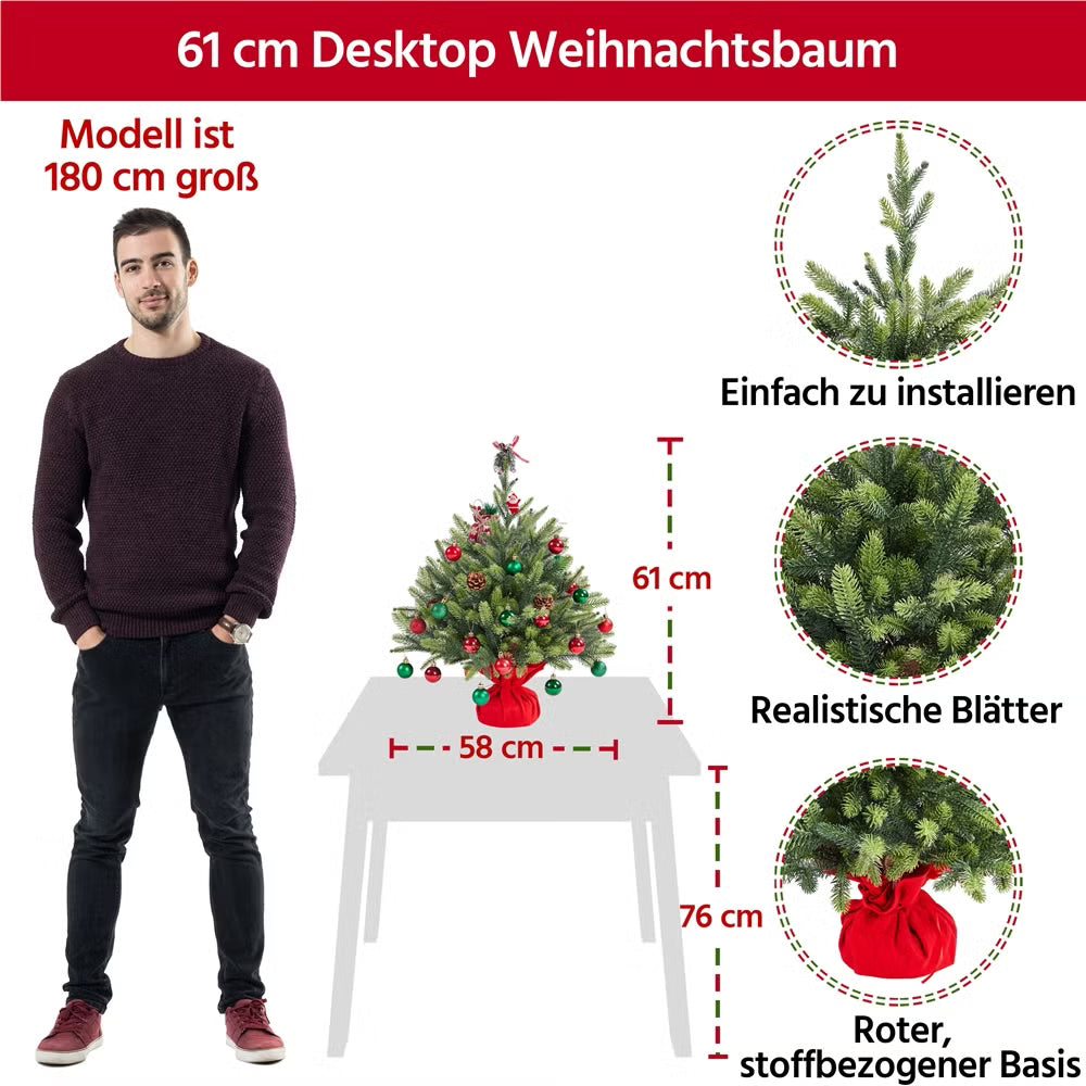 Yaheetech Künstlicher Weihnachtsbaum Mini - 61 cm - Mit 62 Zweigen und schwerem Betonsockel und dekorativer roter Stoffhülle - Für Tisch und Fensterbank - Grünes Polyethylen und Metall - 58 x 58 x 61 cm