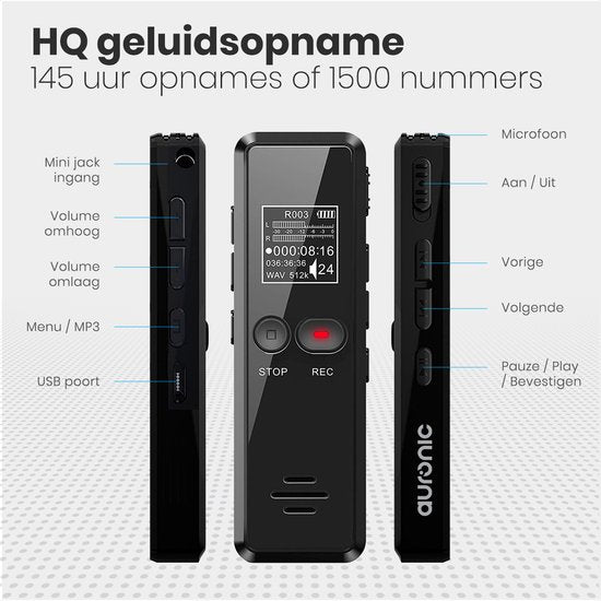 Auronic Digitales Diktiergerät - Diktiergerät - 8GB Speicher - Rauschunterdrückung - USB wiederaufladbar - Abhörgerät - Schwarz