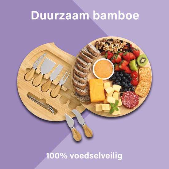 TidyHome® Trinkbrett - Käsebrett - Bambus - Holz - Ø 33cm - Tapasbrett rund - Käsebrett mit Messern - Komplett-Set mit 6 Käsemessern - Servierbrett