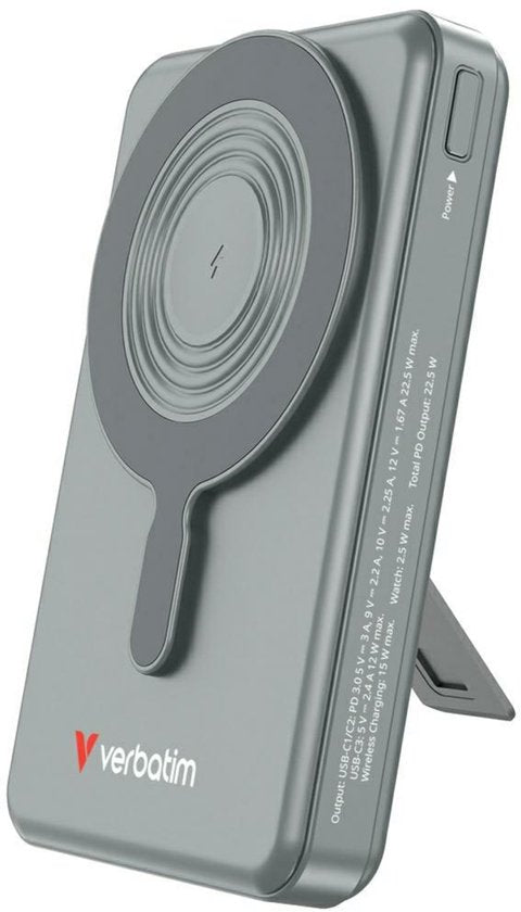 Verbatim Powerbank 10.000 mAh „Charge N Go“ mit magnetischem Ständer, kabellosem Laden und TFT-Display