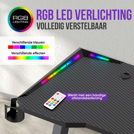 Avalo - Gaming Tisch - 140x60x73 CM - mit LED-Beleuchtung - Schwarz