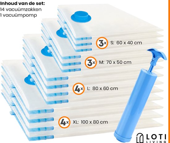 Loti Living Vakuumsack-Set - 14 Stück / 4 Größen - inkl. Handpumpe - Wiederverwendbare Aufbewahrungsbeutel für Kleidung, Steppdecken & Reisen - Spart bis zu 80% Platz