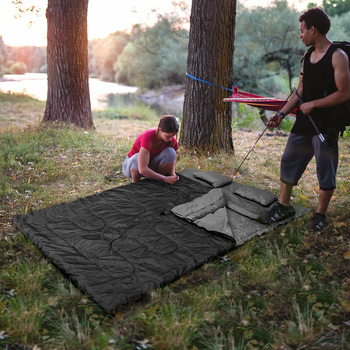 Coast Doppelschlafsack mit 2 Kissen - Doppel - mit Tragetasche - wasserdicht - 220 x 150 cm - Schwarz