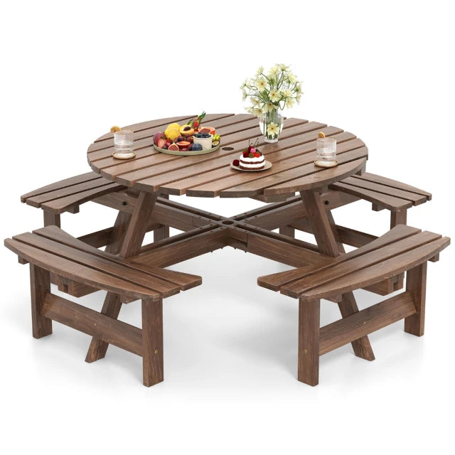Coast Picknicktisch-Set – 166,5 × 166,5 × 76 cm – für 8 Personen – Holz – Sonnenschirmloch – Braun