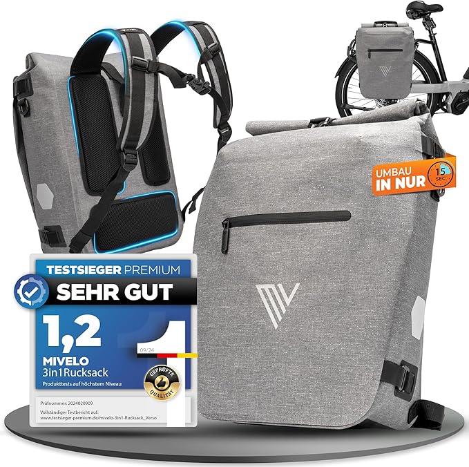 MIVELO Pannier - 3-in-1 Rucksack & Umhängetasche - Wasserdichtes Thermoplastisches Polyurethan - 20 Liter - Grau