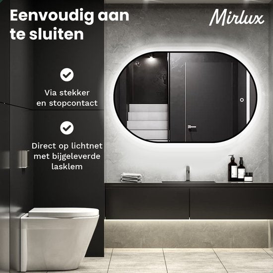 Mirlux Badezimmerspiegel - mit LED-Beleuchtung & Heizung - Wandspiegel Oval - Anti-Kondensations-Duschspiegel - 90x60CM - Schwarz