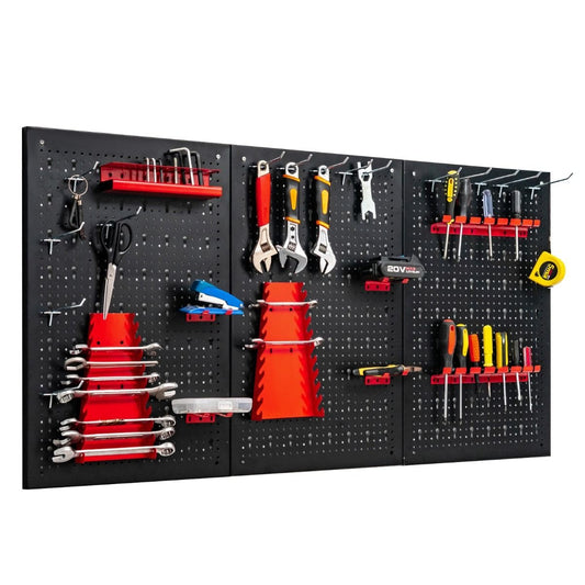 Pegboard Wall Organiser Metall Pegboard Tools Storage Kit mit 3 Pegboards & 25 hängenden Zubehör Schwarz+Rot