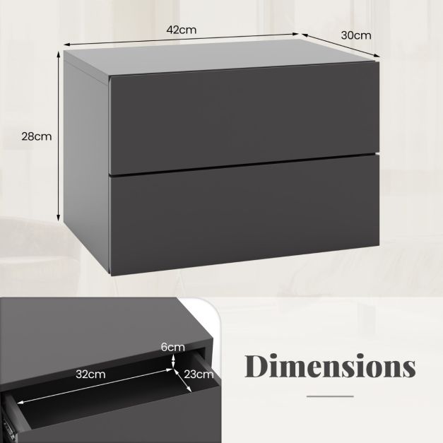 Coast Schwebender Nachttisch mit 2 Schubladen 42x30x28 cm - Grau - Moderner wandmontierter Nachttisch