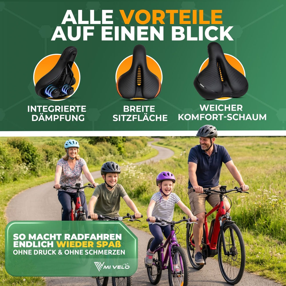 como Fahrradsattel mit Federung – Extra breit, komfortabel – Unisex – Für E-Bikes und Citybikes