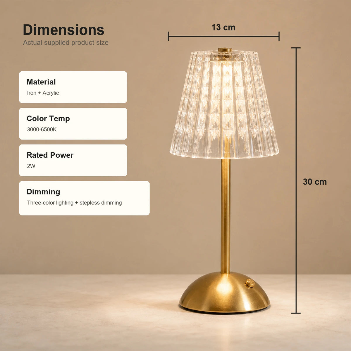 Kabellose LED-Tischlampe mit Touch-Bedienung – 3 Lichtfarben – stufenlos dimmbar – 1800 mAh – über USB-C aufladbar – 8–10 Stunden – Gold