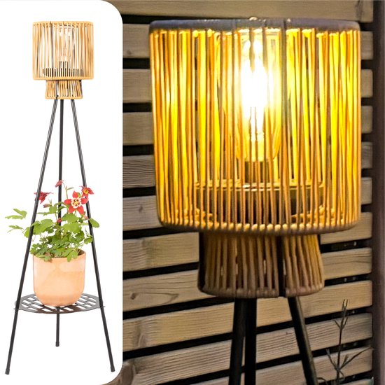 Gadgy Solar-Gartenbeleuchtung, Stehlampe für die Terrasse – Außenlampe mit Solarenergie für Balkon und Garten – Dreifuß-Gartenlampe mit LED-Beleuchtung und USB-Anschluss – Laterne für die Außenbeleuchtung – Braunes Rattan