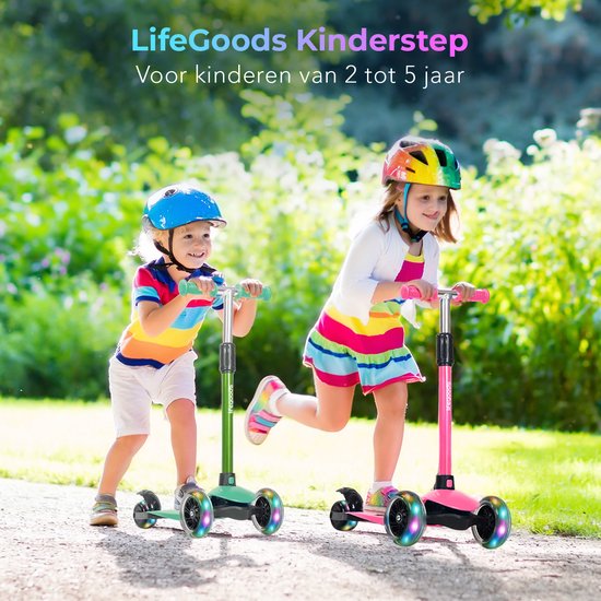 LifeGoods Kinder-Tretroller – Für 2–5-Jährige – 3 leuchtende LED-Räder – Höhenverstellbar – Jungen/Mädchen – Münzgrün