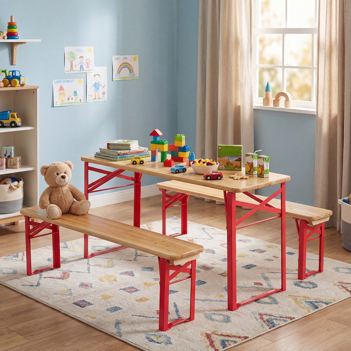Coast Kinder-Picknick-Set – klappbarer Picknicktisch mit 2 Bänken – Fichtenholz und Metall – rot