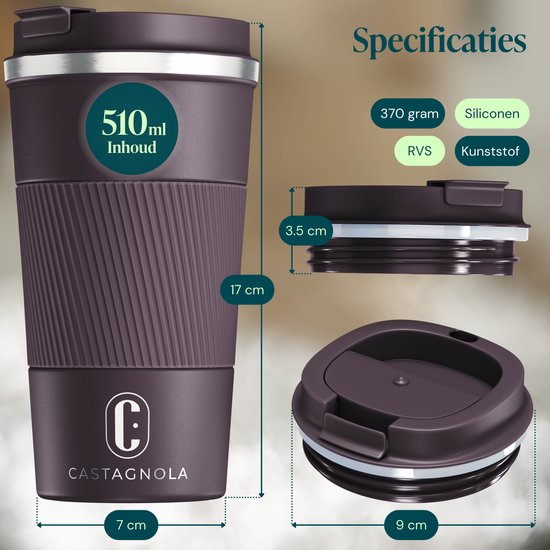 Castagnola Thermobecher – Kaffeebecher zum Mitnehmen – Reisebecher für Kaffee und Tee – Teebecher – 510 ml – Edelstahl – Braun