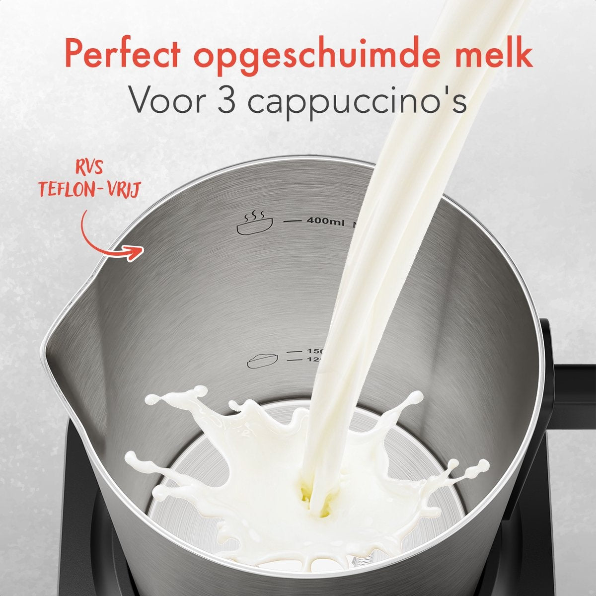 KitchenBrothers - Elektrischer Milchaufschäumer - Spülmaschinengeeignet - 4-in-1 - 400 ML - Edelstahl/Schwarz