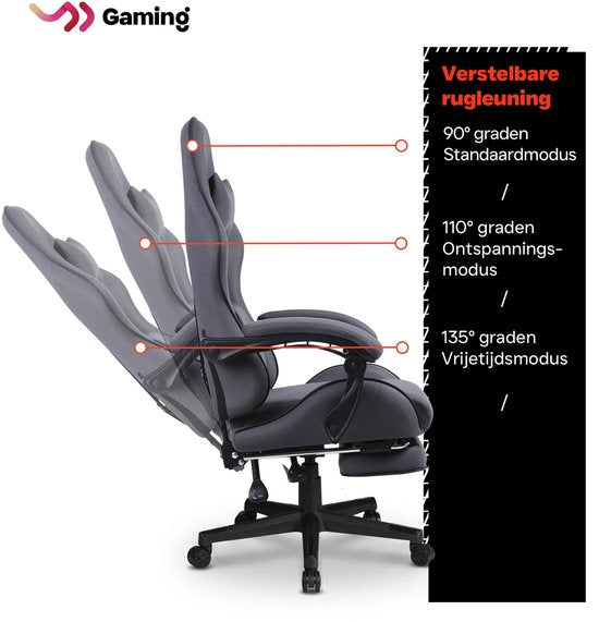VDD – Gaming-Stuhl mit Fußstütze – gepolsterte Armlehnen – höhenverstellbar – Massagekissen – grau