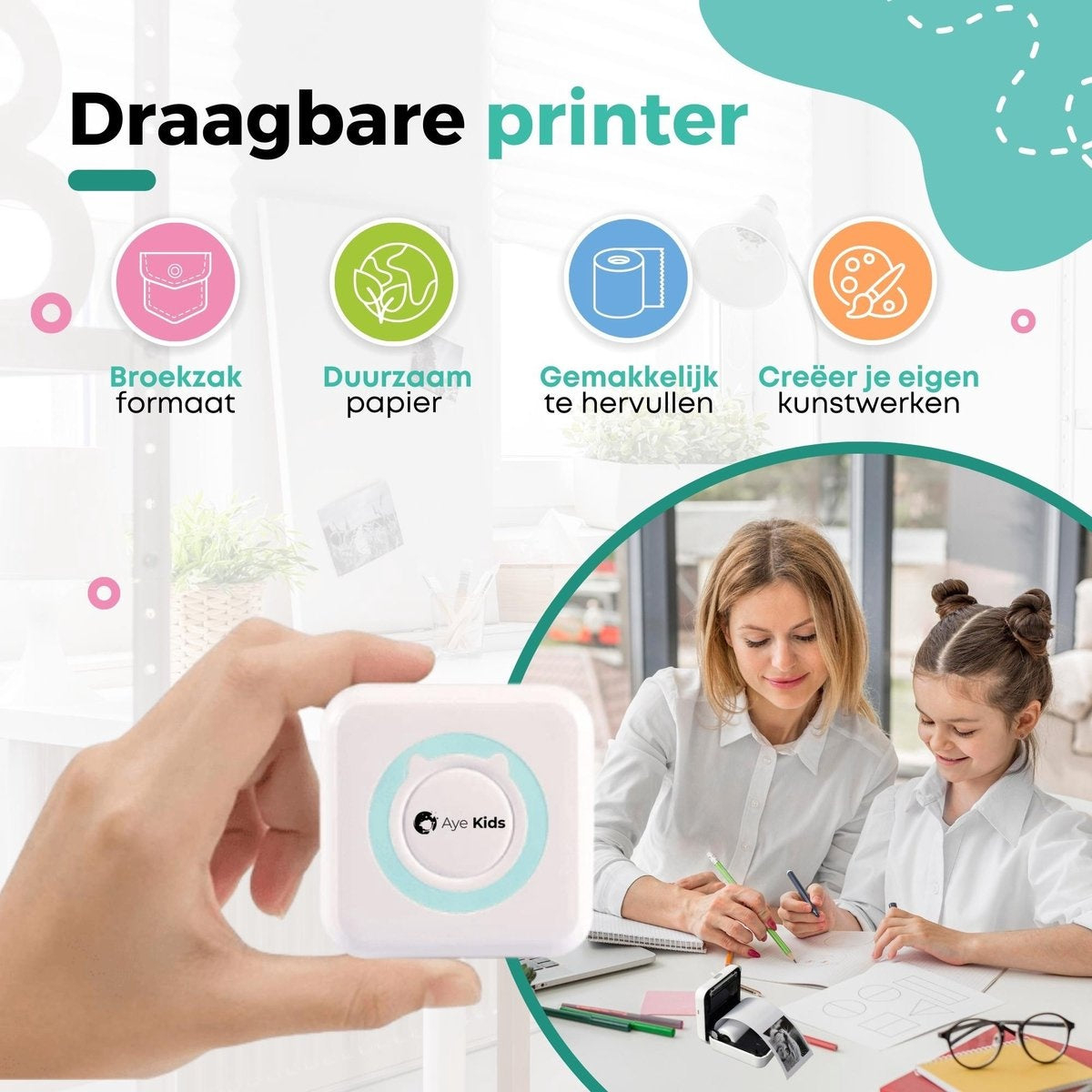 AyeKids Fotodrucker - Bluetooth - Kabellos - Inkl. 1 Rolle Fotopapier - Mini-Drucker - Taschendrucker - Blau